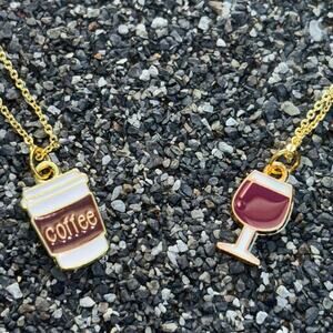 Gold Plated Coffee Charm Necklace and Gold Plated Red Wine Charm Necklace